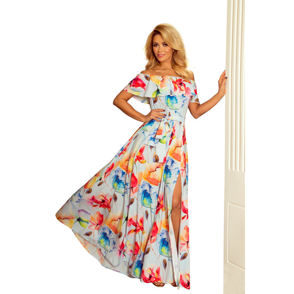 194-1 Długa suknia z hiszpańskim dekoltem - kolorowe malowane kwiaty