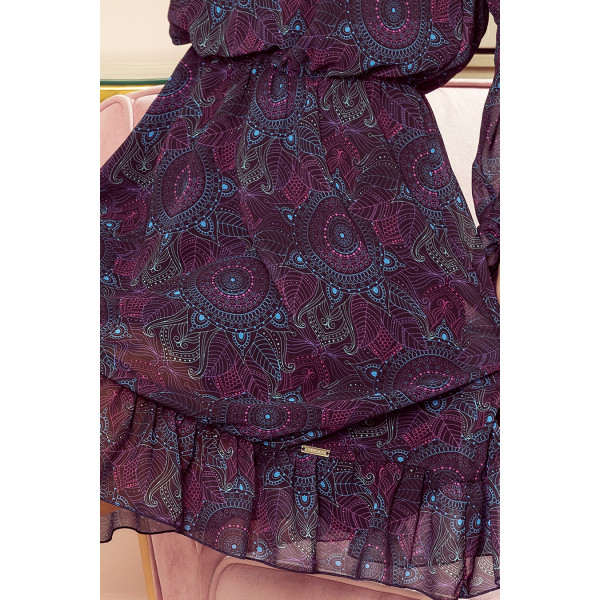295-4 BAKARI zwiewna szyfonowa sukienka z dekoltem - różowo-niebieskie MANDALE
