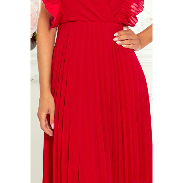 315-3 EMILY Plisowana sukienka z falbankami i dekoltem - CZERWONA