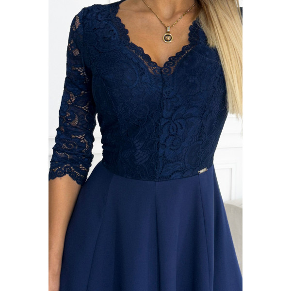 309-6 AMBER elegancka koronkowa długa suknia z dekoltem - GRANATOWA