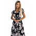 434-1 LISA Plisowana sukienka midi z dekoltem i falbankami - kwiat brzoskwini na czarnym tle
