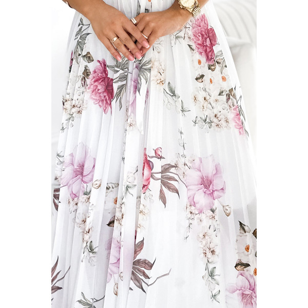 434-6 LISA Plisowana sukienka midi z dekoltem i falbankami - wiosenne kwiaty na białym tle