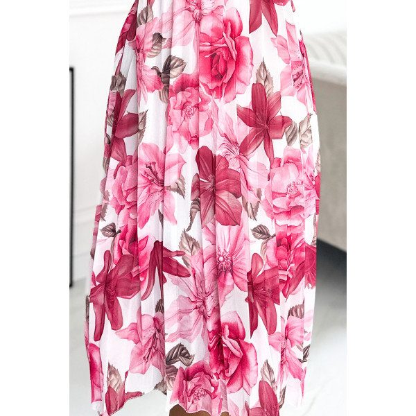 449-5 CARLA Plisowana sukienka midi z guziczkami i długim rękawkiem - ciemno-różowe KWIATY na białym tle