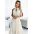 484-1 Plisowana sukienka midi z wycięciem w kształcie łezki na dekolcie - BEŻOWA