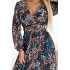 520-2 Plisowana szyfonowa długa sukienka z dekoltem, długim rękawkiem i szerokim paskiem - NIEBIESKO-BEŻOWE liście