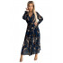 519-1 Plisowana szyfonowa długa sukienka z dekoltem, długim rękawkiem i paskiem - NIEBIESKO-BEŻOWE FALE