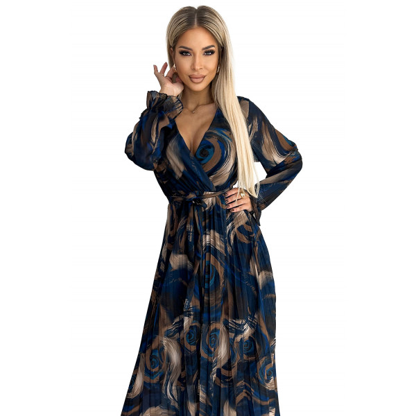 519-1 Plisowana szyfonowa długa sukienka z dekoltem, długim rękawkiem i paskiem - NIEBIESKO-BEŻOWE FALE