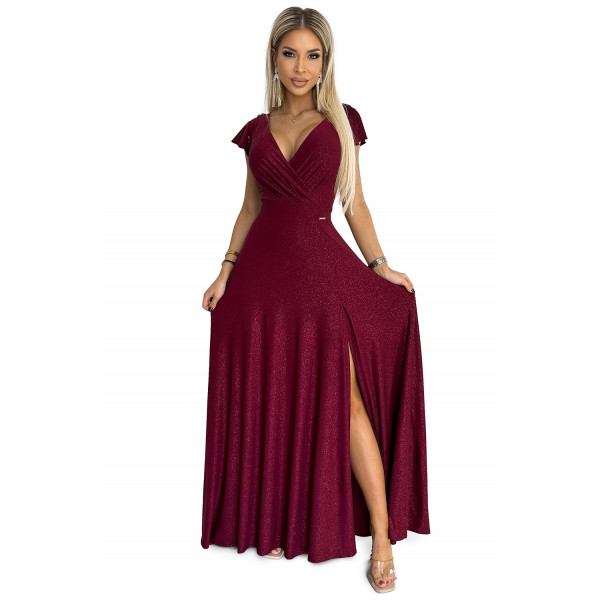 411-8 CRYSTAL połyskująca długa suknia z dekoltem - BORDOWA
