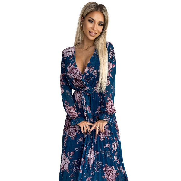 519-3 Plisowana szyfonowa długa sukienka z dekoltem, długim rękawkiem i paskiem - NIEBIESKA w kwiaty
