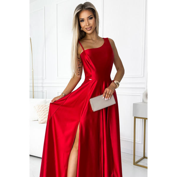524-1 Długa elegancka satynowa suknia na jedno ramię - CZERWONA